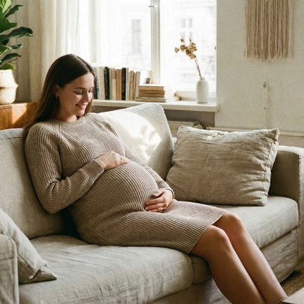 A pregnant woman sits on a beige sofa in a bright, sunlit living room, wearing a matching beige long-sleeve knit dress and holding her baby bump.